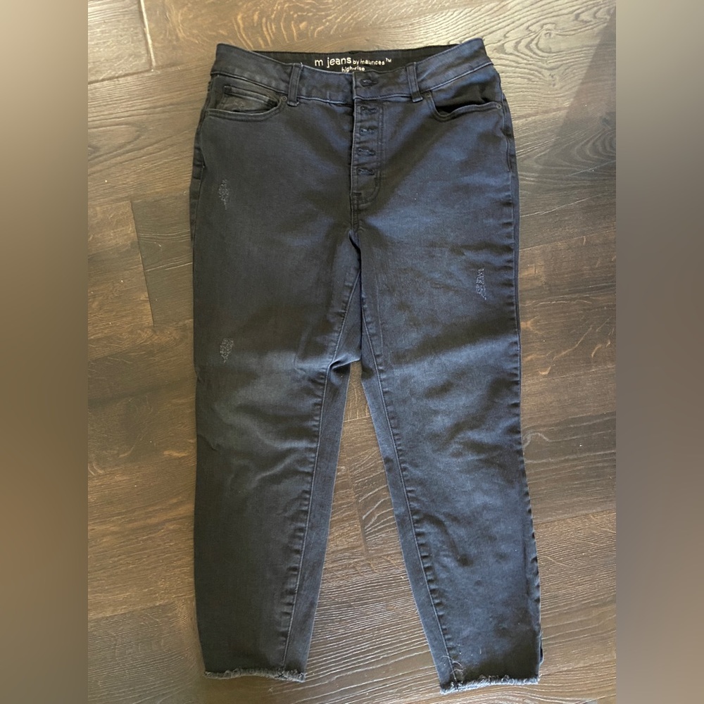 Maurice high waist black distressed cropped jeans size 12